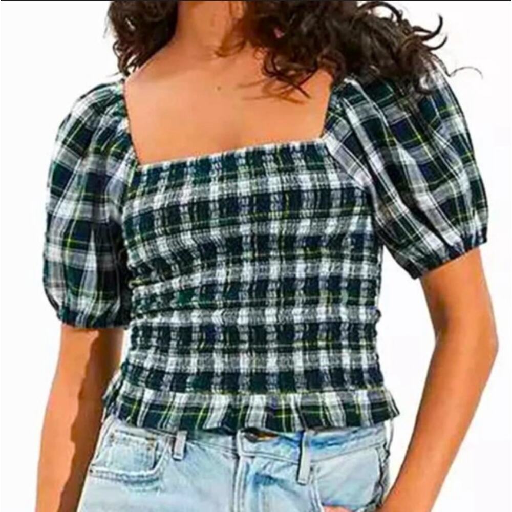 AMERICAN EAGLE Smocked Puff Sleeve Cropped‎ Plaid Top Womans XL